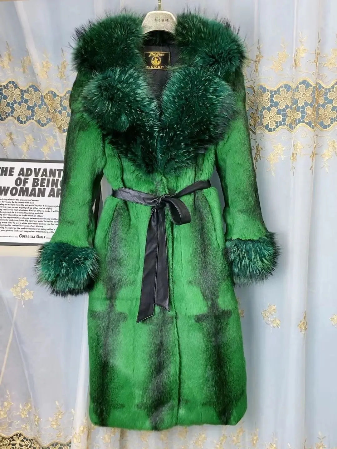 Faux Fur-Effect Winter Coat with Wide Collar and Belt
