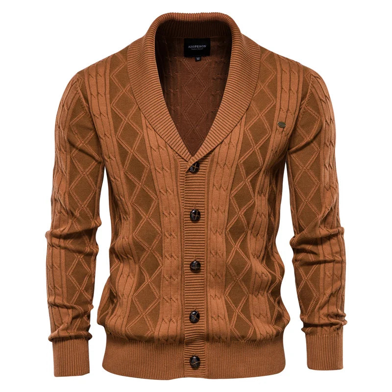 Men's shawl-collar cardigan with diamond pattern and button placket