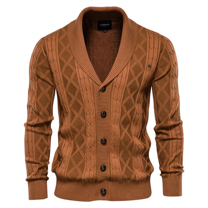 Men's shawl-collar cardigan with diamond pattern and button placket