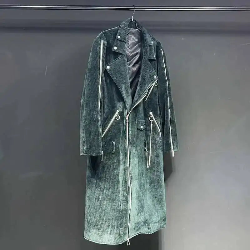 Long Unisex Corduroy Coat Dark Green with Zippers