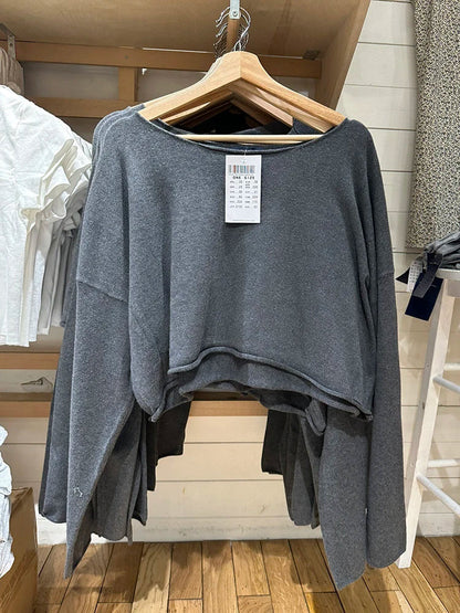 Women's cropped crew-neck long-sleeve pullover with raw edges