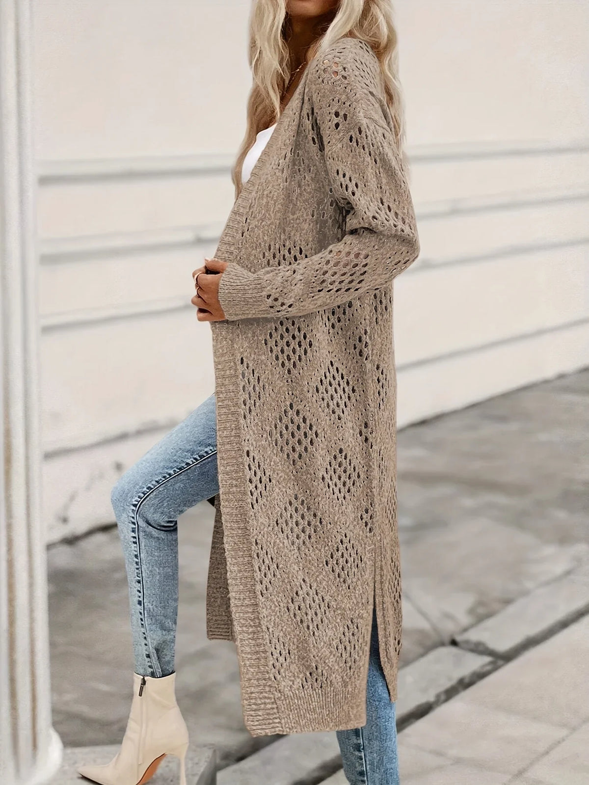 Long women's knitted cardigan, brown, open-knit pattern, open front