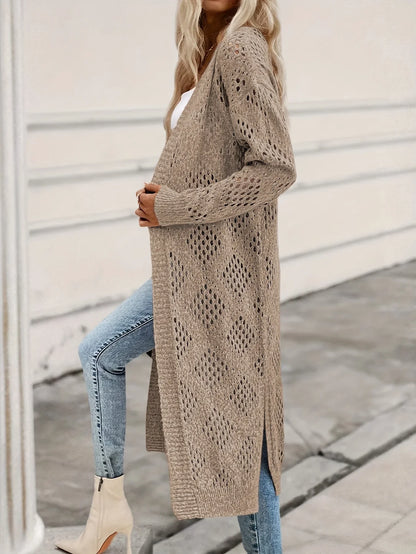Long women's knitted cardigan, brown, open-knit pattern, open front