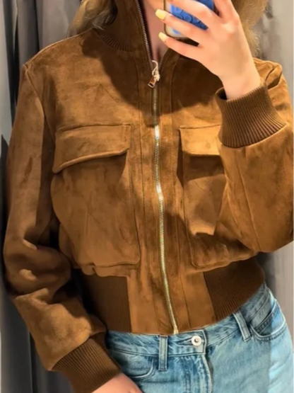 Women's suede-look bomber jacket stand collar short sleeve dark brown