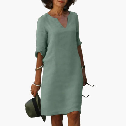 Damen Freizeitkleid mit V-Ausschnitt und 3/4-Ärmeln – Elegantes Alltagskleid für Büro und Freizeit