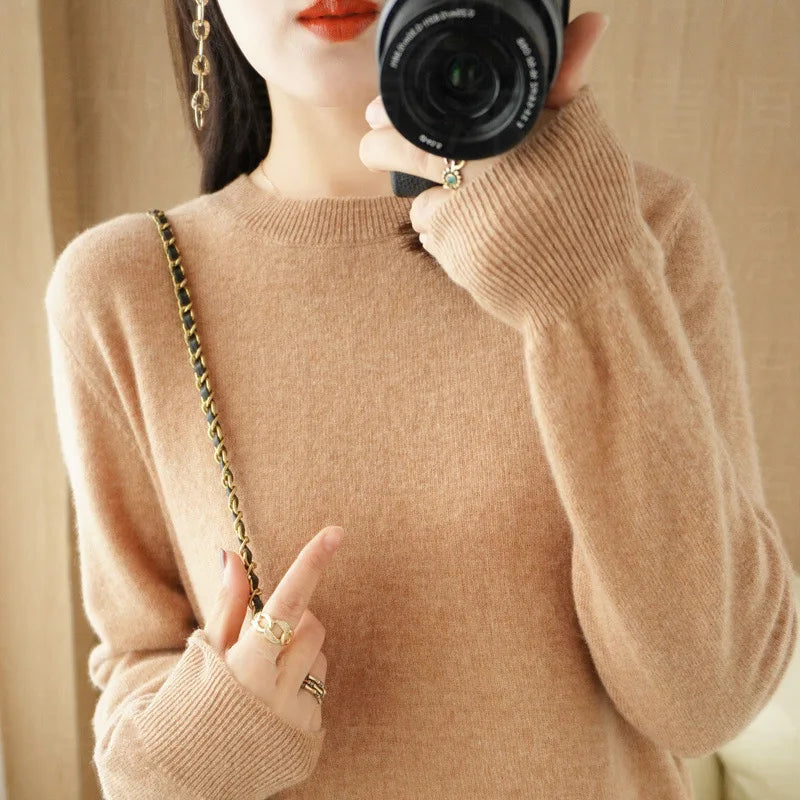 Damen Rundhals Pullover Langarm Basic Strickpullover