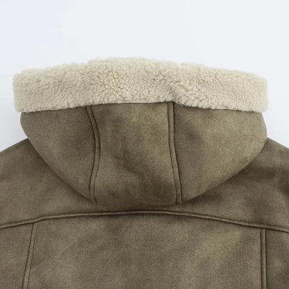 Gefütterte Jacke mit Kapuze, Grün, Veloursleder-Optik