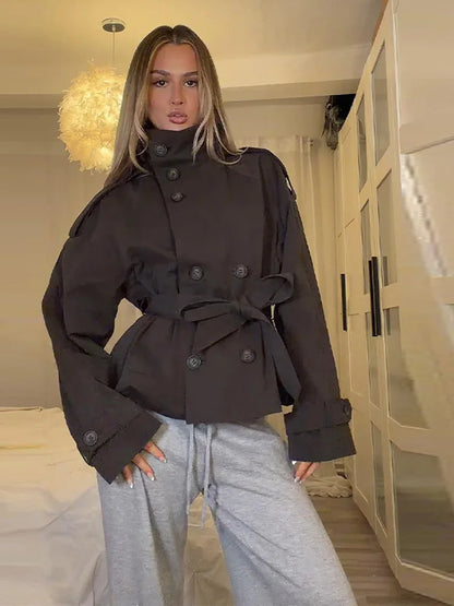 Damen Kurzjacke mit Gürtel Doppelreihig Stehkragen Kurz Trench Jacke