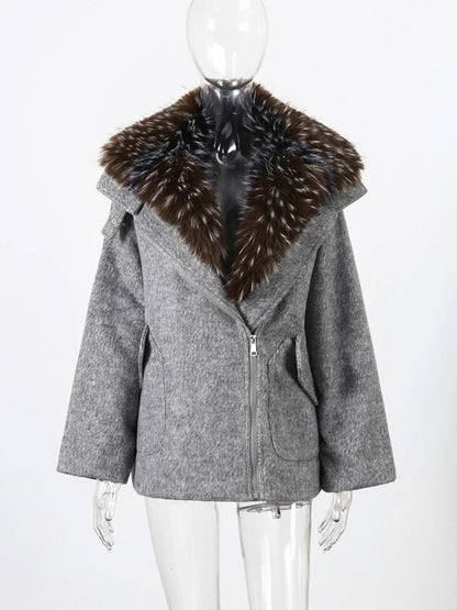 Damen Kurzmantel mit Kunstpelzkragen Reißverschluss Jacke Wintermantel Warm Grau Beige Braun