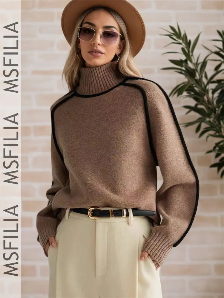 Damen Rollkragen Pullover Strickwaren mit Kontrastnähten Langarm