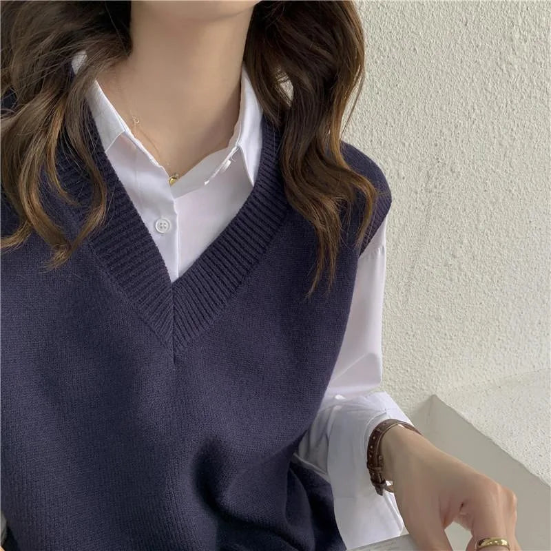 Women's knitted vest, V-neck, sleeveless, gray