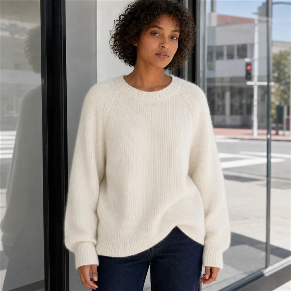 Women's Oversized Crewneck Knit Sweater with Raglan Sleeves