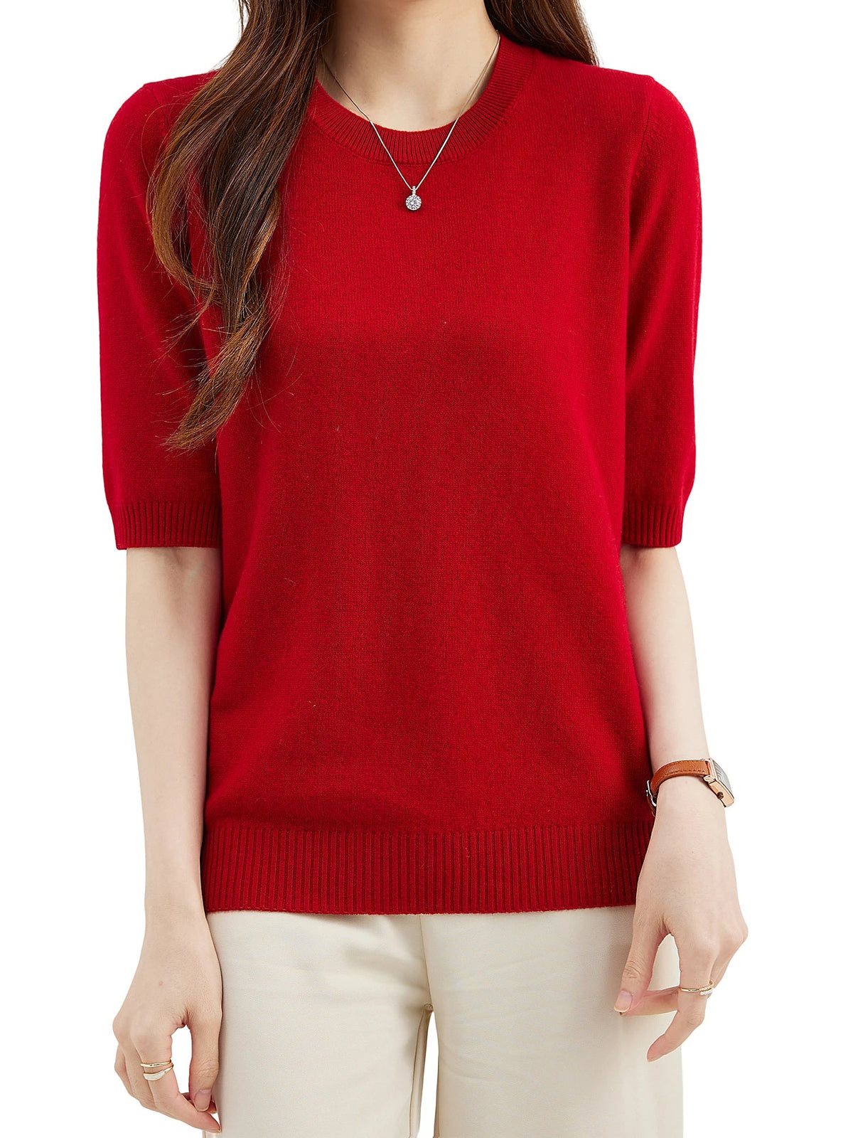Women's short-sleeve knitted sweater, crew neck, ribbed hem