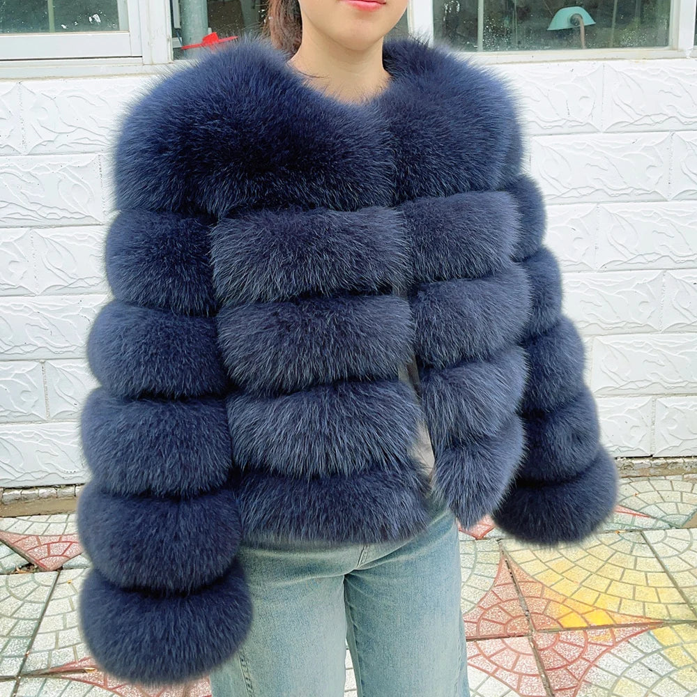 Women's faux fur jacket with voluminous sleeves and high collar