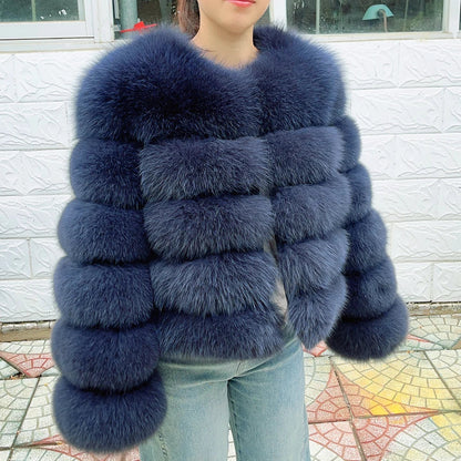 Women's faux fur jacket with voluminous sleeves and high collar