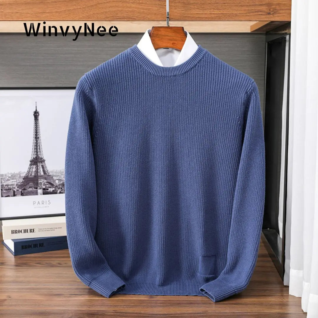 Men's crew-neck knit pullover ribbed solid-color long-sleeve