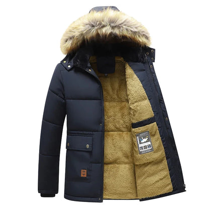 Men's winter parka with removable faux-fur trim on hood, lined jacket