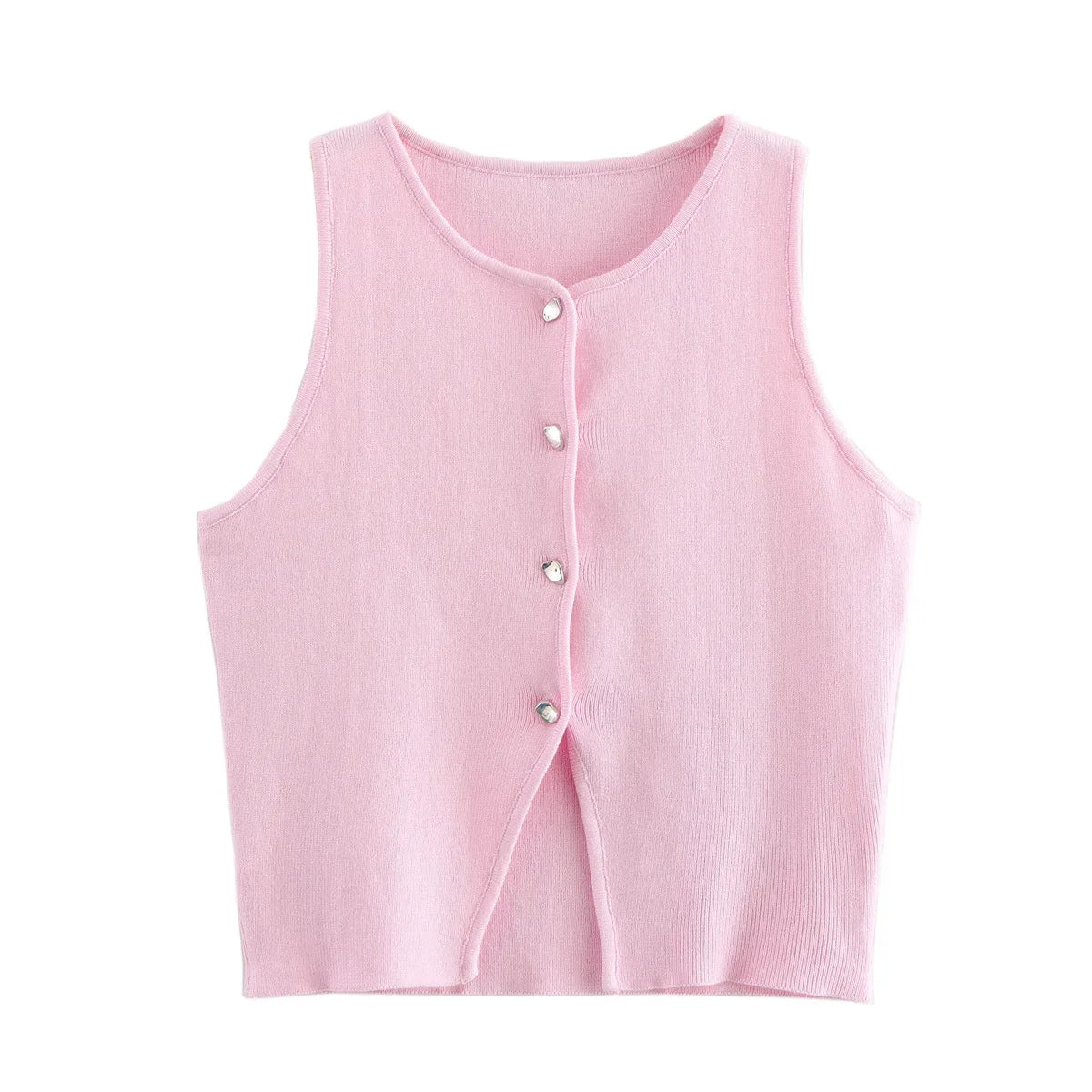 Damen Ärmelloses Stricktop mit Rundhals und Knopfleiste Kurz geschnitten