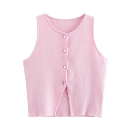 Damen Ärmelloses Stricktop mit Rundhals und Knopfleiste Kurz geschnitten