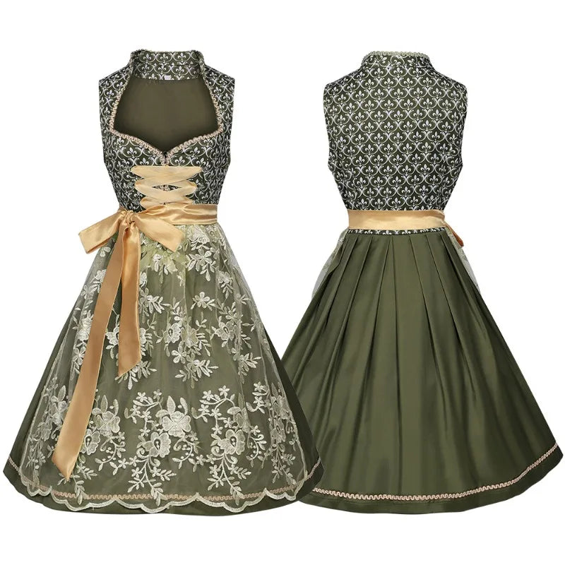 Grünes Dirndl Kleid mit goldener Schürze und Spitzenrock Trachtenkleid