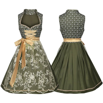 Grünes Dirndl Kleid mit goldener Schürze und Spitzenrock Trachtenkleid