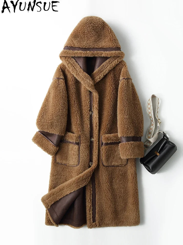 Women's long teddy-fleece coat with hood and button closure, winter jacket