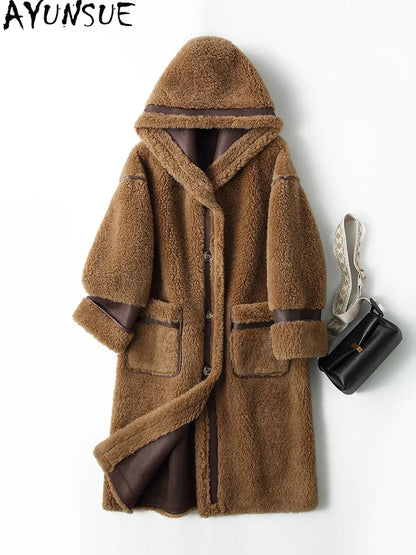 Women's long teddy-fleece coat with hood and button closure, winter jacket