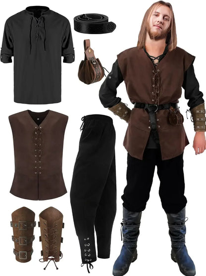 Mittelalterliches Herrenkostüm: Hemd, Weste, Hose, Gürtel, Armstulpen