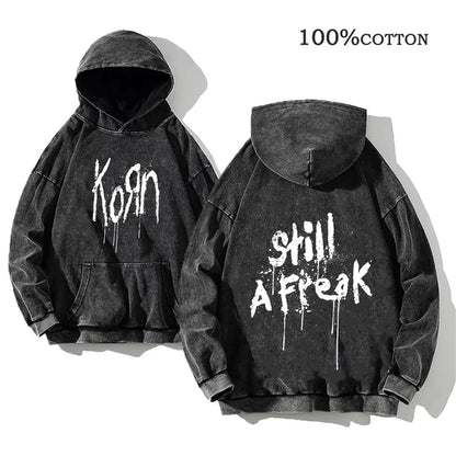 Hoodie Schwarz Grau Washed Oversize mit Band-Print Vorn & Hinten
