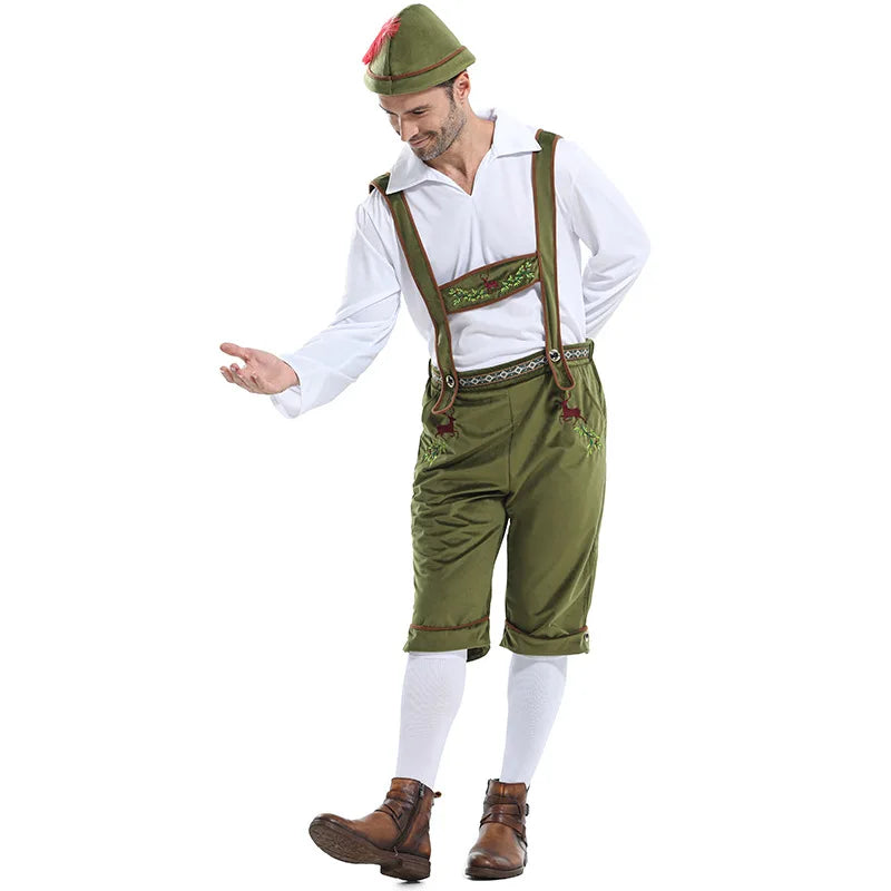 Men's Oktoberfest Costume Lederhosen Suspenders Shirt and Hat Set