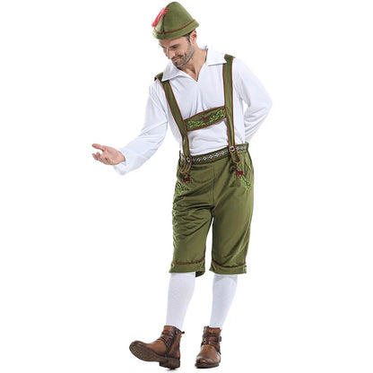 Men's Oktoberfest Costume Lederhosen Suspenders Shirt and Hat Set