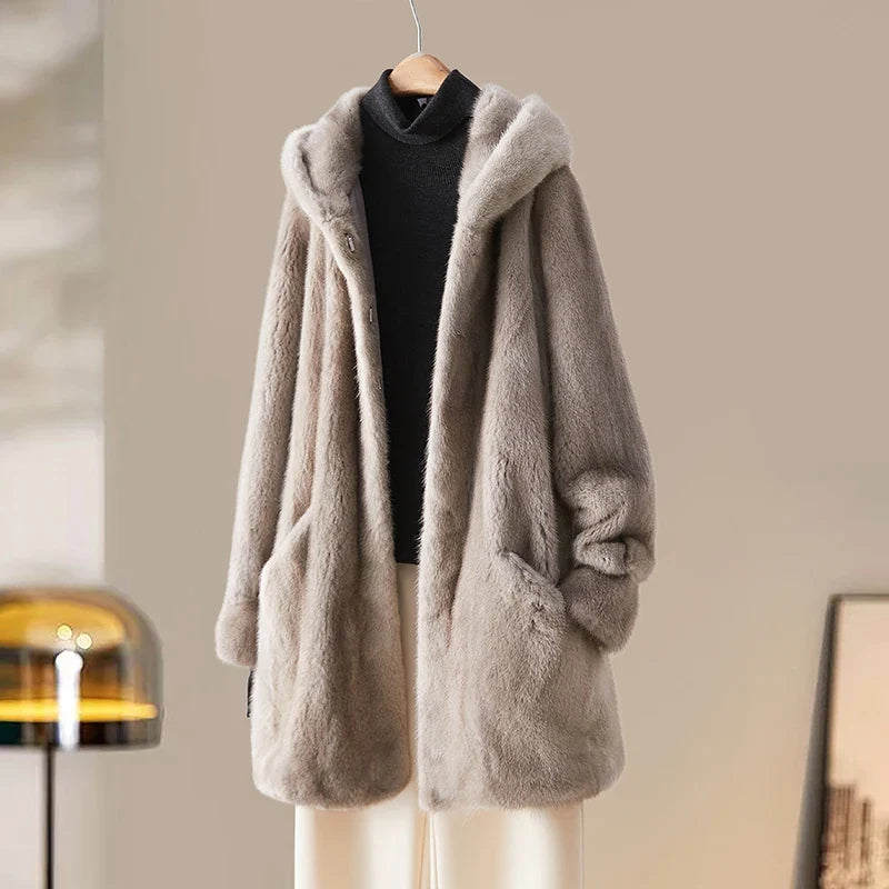Damen Kapuzenmantel Flauschiger Wintermantel Beige Mittellang