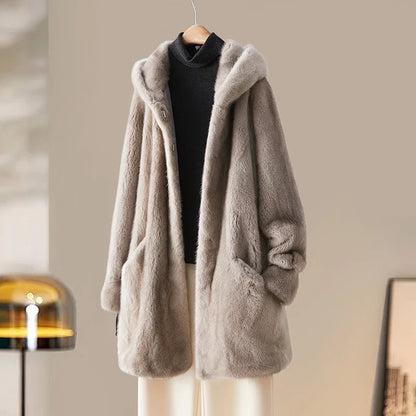 Damen Kapuzenmantel Flauschiger Wintermantel Beige Mittellang