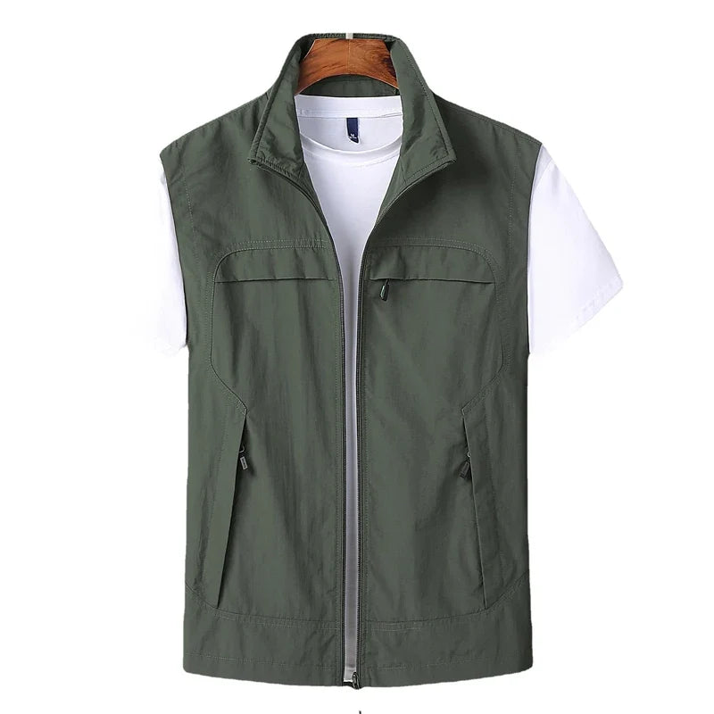 Men's vest with stand-up collar, zipper, and multiple pockets