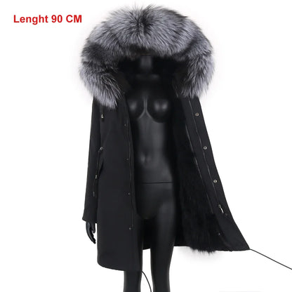 Long winter parka coat with hood and fur trim for women