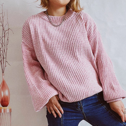 Damen Rib-Pullover Weiche Struktur Langarm Schwarz
