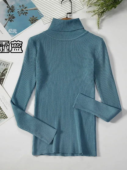 Ribbed women's basic long-sleeved turtleneck sweater