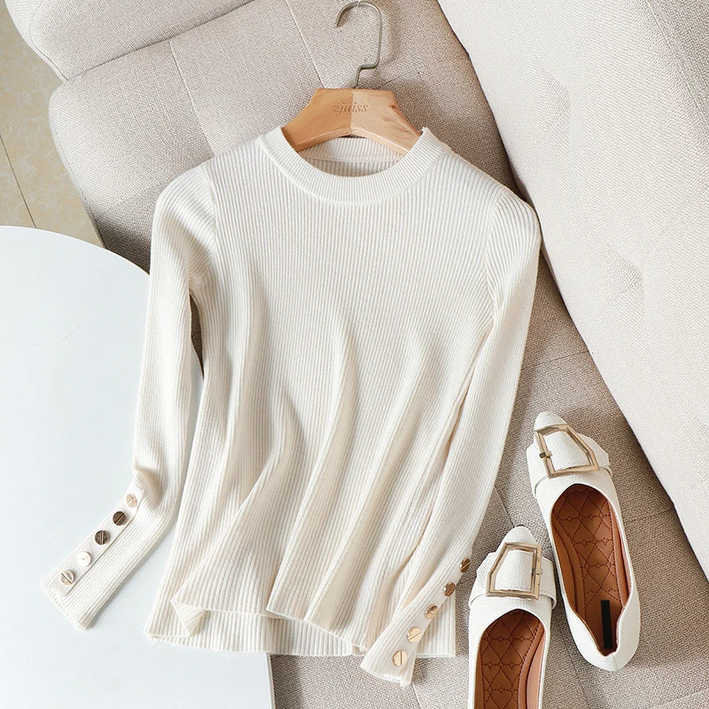 Women's rib-knit sweater, long sleeve, with decorative buttons