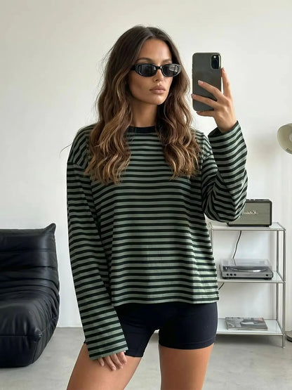 Gestreiftes Langarmshirt Damen Rundhalsausschnitt Oversize Cropped