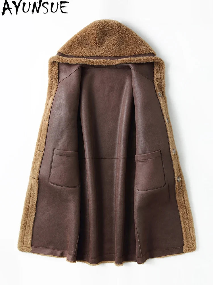 Women's long teddy-fleece coat with hood and button closure, winter jacket