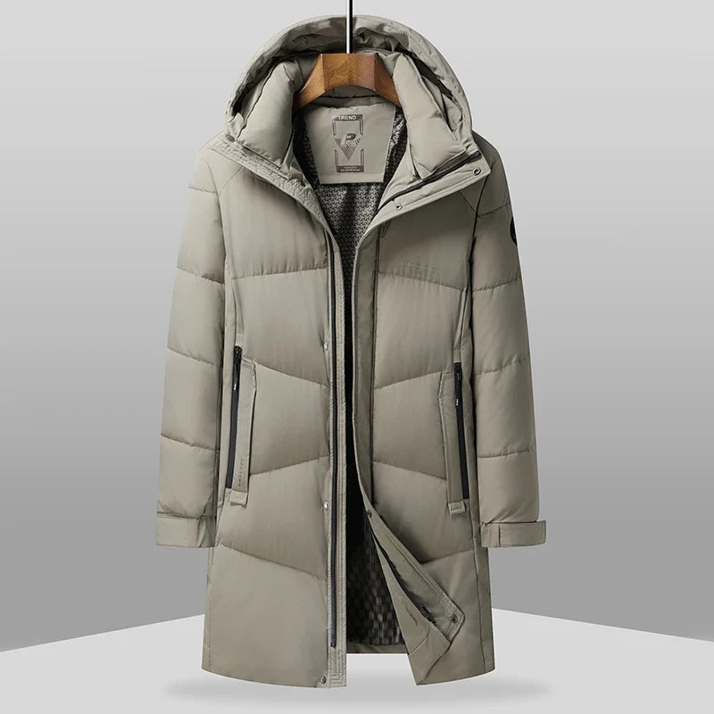 Men's long black quilted winter coat with hood