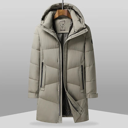 Men's long black quilted winter coat with hood