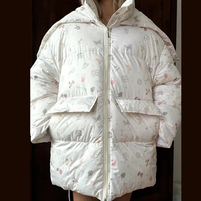 Damen Oversize Steppjacke mit Kapuze und Handschuhen