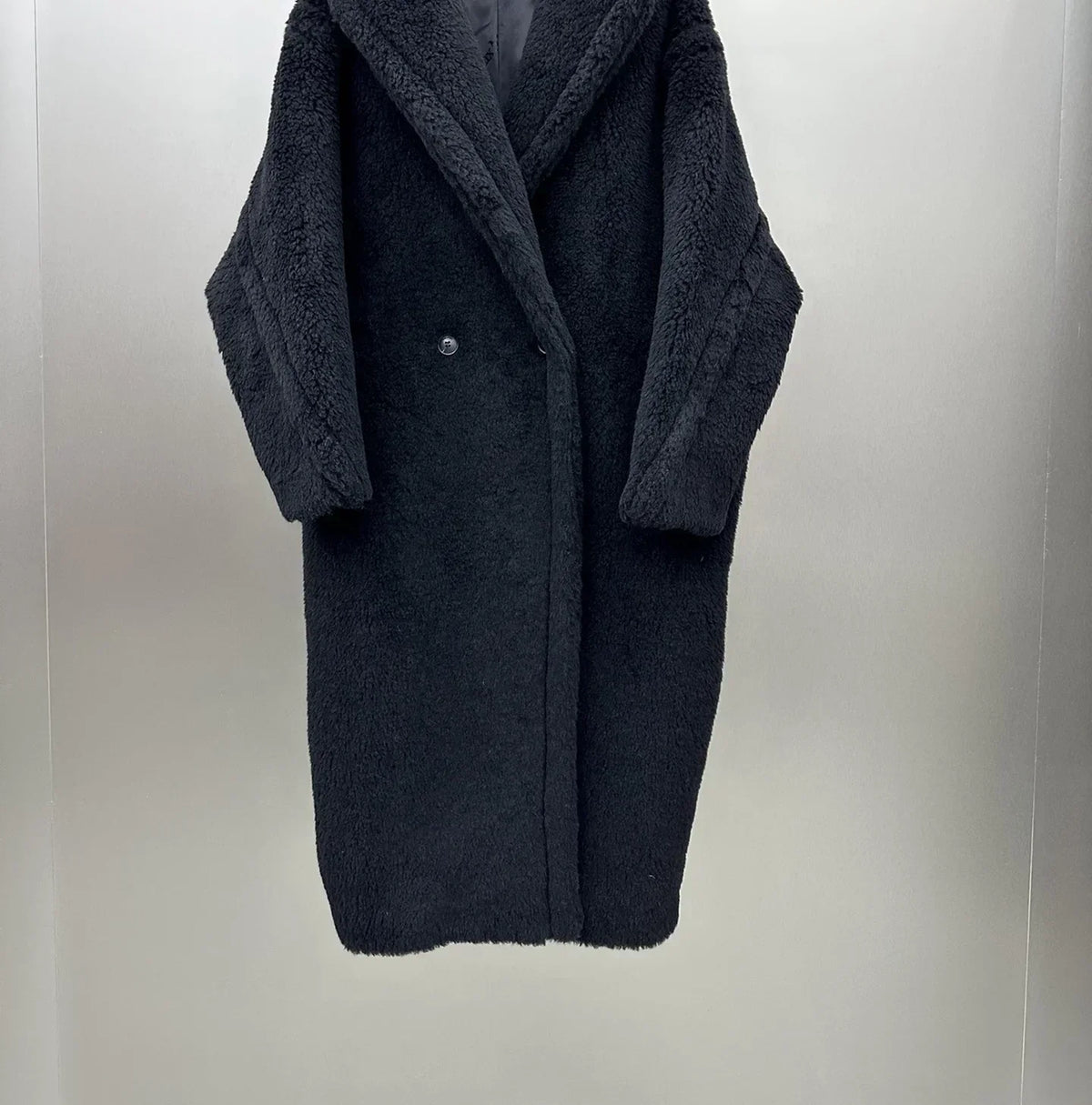 Women's long teddy coat with hood & teddy brooch