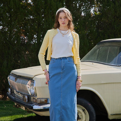 Women's Knit Cardigan, Crew Neck, Fine Knit, Yellow Black Pink Blue