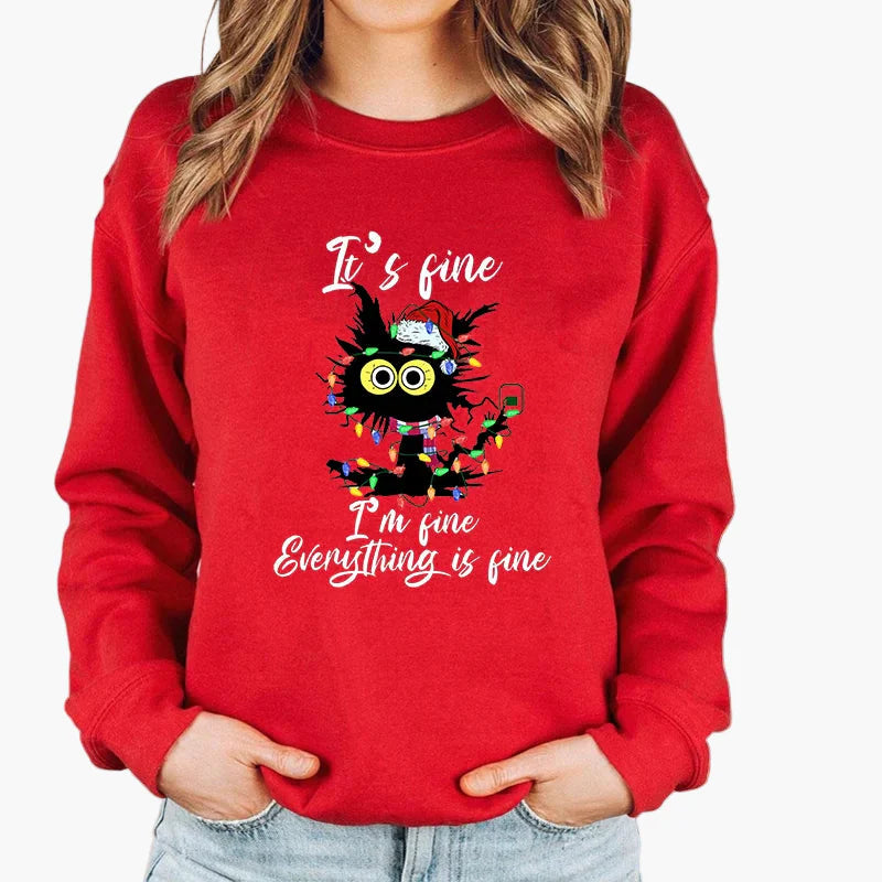 Damen Weihnachtspullover mit Katze, Weihnachtsmütze und Lichterkette – Lustiger Winter-Sweater für Frauen
