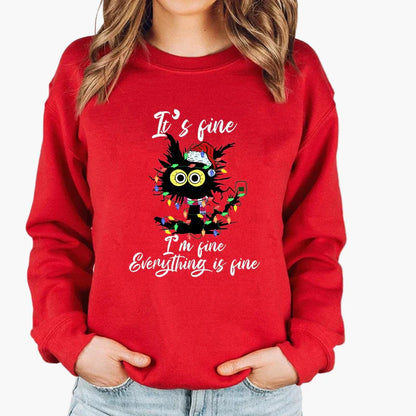 Damen Weihnachtspullover mit Katze, Weihnachtsmütze und Lichterkette – Lustiger Winter-Sweater für Frauen