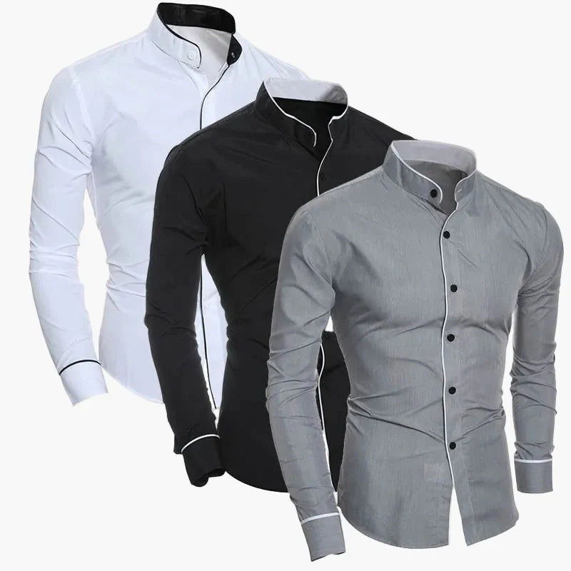 Men's Slim Fit Stand Collar Shirt – Fashionable Business & Casual Shirt with Contrast Elements, Long Sleeve