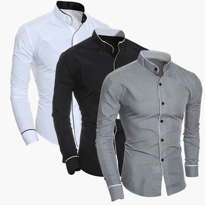 Men's Slim Fit Stand Collar Shirt – Fashionable Business & Casual Shirt with Contrast Elements, Long Sleeve