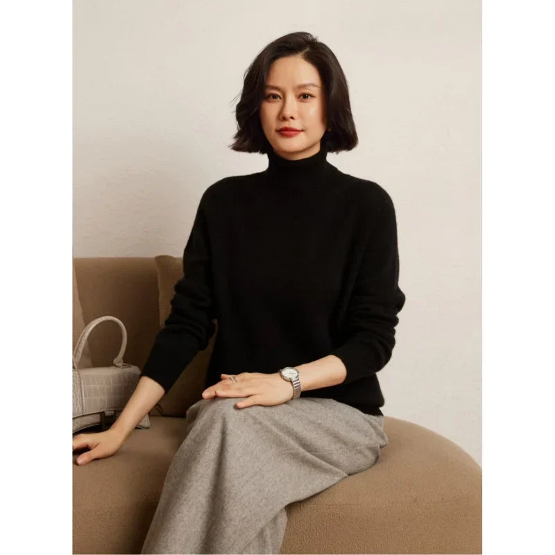 Women's long-sleeved turtleneck knitted sweater, warm, solid color